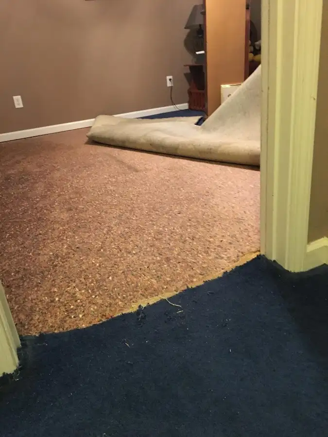 Carpet pad removal revealing water damage during Drying & Dehumidification in Richardson